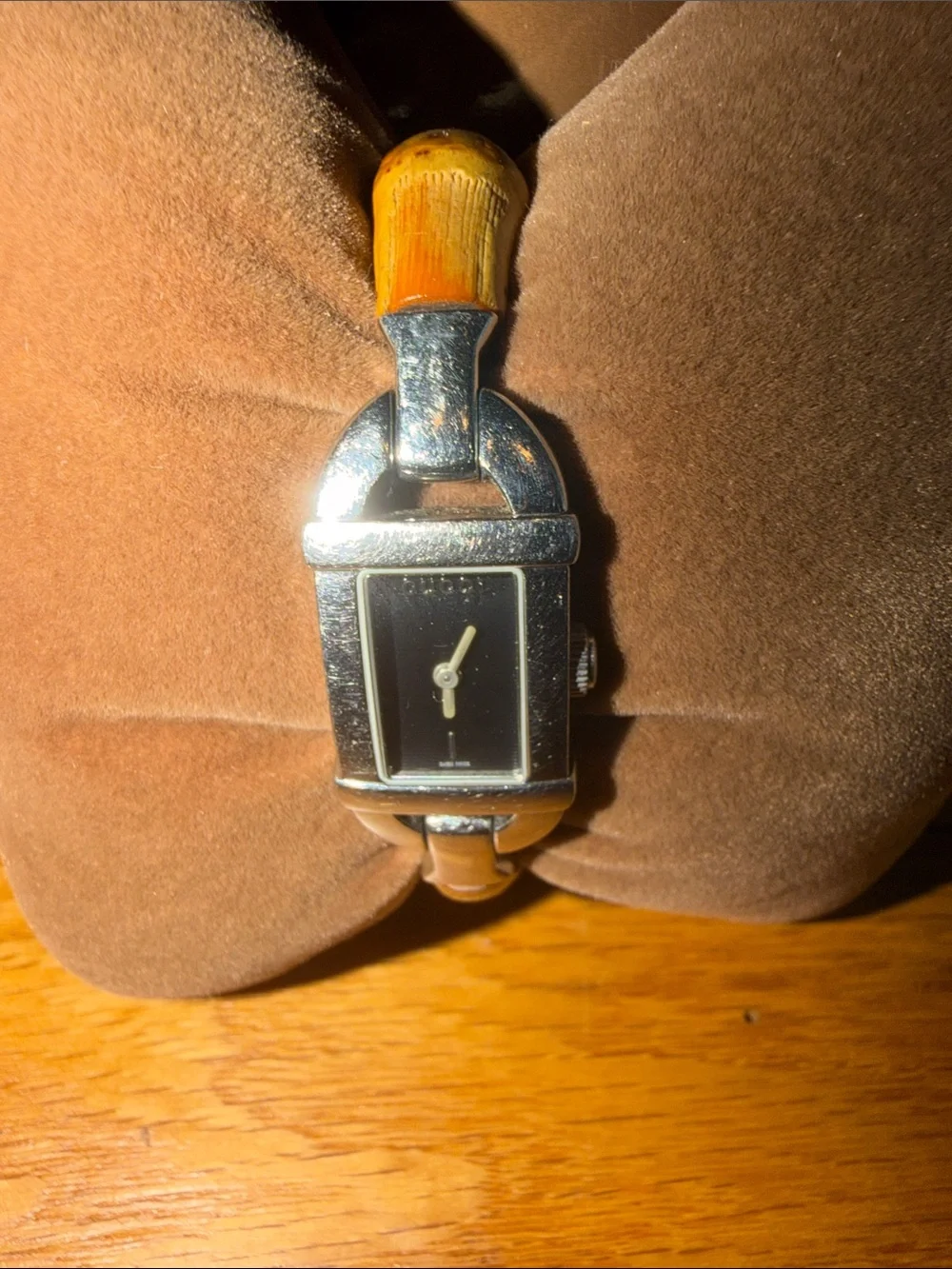 Gucci Silver-Tone Case Watch with Brown Bamboo-Style Strap